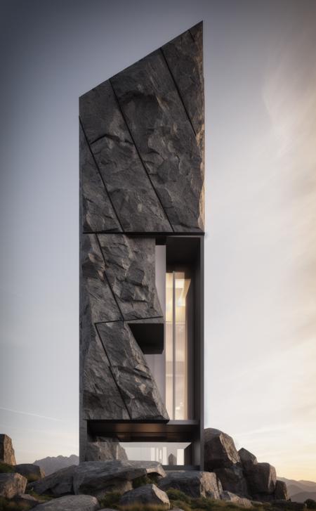 ((masterpiece, best quality)), 8k, modern architecture style, photo realistic, david chipperfield, hyper detailed photo, single box, a digital 3d render of a building,( stone:1.1), leansflare, mountain, tall building, sunset