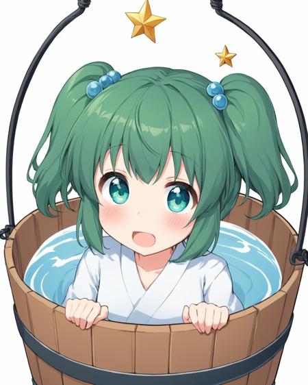 kisume,1girl, solo, hair_bobbles, open_mouth, blush, white_background, simple_background, twintails, bucket, in_container, japanese_clothes
<lora:kisume_image1289_2023-12-17:1>,star-shaped_pupils,symbol-shaped_pupils,. gorgeous,key visual, vibrant, studio anime,award-winning, professional, highly detailed,high budget, cinemascope