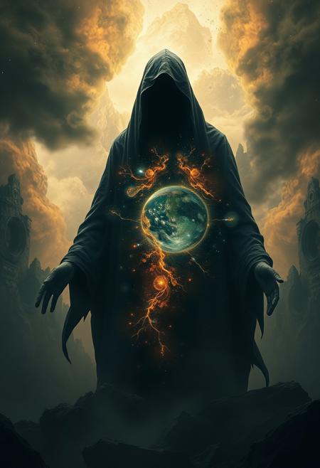 A universe inside a dark cloaked figure within mysterious landscape in an unfathomable realm of fantastic creation inhabited by ancient shadows of a forgotten time beyond the gate of the gateless gate where life is limitless, light is shadow and shadow is light, eerie sense, horror, spark of the beginning, existence and nonexistence at once, ethereal, outstretched arms, behold the end of the beginning