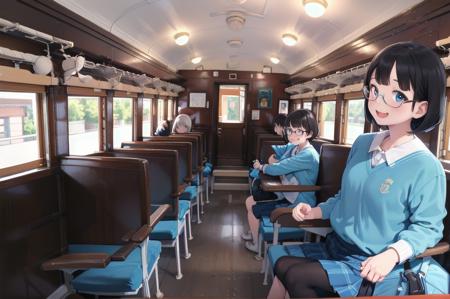 best quality, ultra-detailed, illustration,
oha35, train interior, scenery, chair, sunlight, window, indoors, seat, wooden floor, ceiling, ceiling light, 
multiple girls, glasses, bob cut, school uniform, black hair, school bag, smile, laughing, looking at viewer, 
 <lora:JNR_oha35_SD15_V4_DIM4:1>