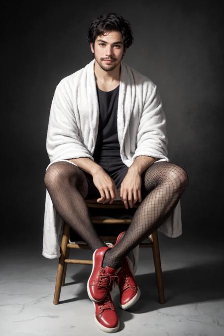 Dewey Finn,  (masterpiece,  best quality,  ultra-detailed,  highres), solo,  1boy,  male focus,  facial hair,  black hair,  beard,  pantyhose,  bathrobe,  fishnets,  shoes,  looking at viewer,  chair,  official art,  masterpiece,  extreme light and shadow,  rim lighting,  film quality, <lora:EMS-47352-EMS:0.600000>