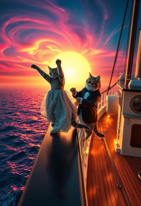 A highly detailed and humorous recreation of the iconic *Titanic* scene, but with two anthropomorphic cats on the bow of the ship. One cat, wearing a flowing dress, stands at the edge with its paws outstretched, embracing the wind and open sea. Behind it, another cat in a tuxedo gently holds its waist, gazing at it with admiration. The vast ocean stretches endlessly in the background, reflecting a breathtaking neon sunset. The ship’s deck glows with warm, cinematic lighting, showcasing intricate vintage nautical details. The perspective is exaggerated, enhancing the whimsical, surreal effect. The sky swirls with psychedelic colors, and the ocean waves shimmer with vibrant, dreamlike hues. Created using: cinematic lighting, hyper-realistic textures, vibrant neon highlights, artistic composition, atmospheric depth, detailed feline expressions, oceanic reflections, vintage ship aesthetics, Highly reminiscent of the iconic titanic bow scene with the ship body in the background and the bow in the foreground,