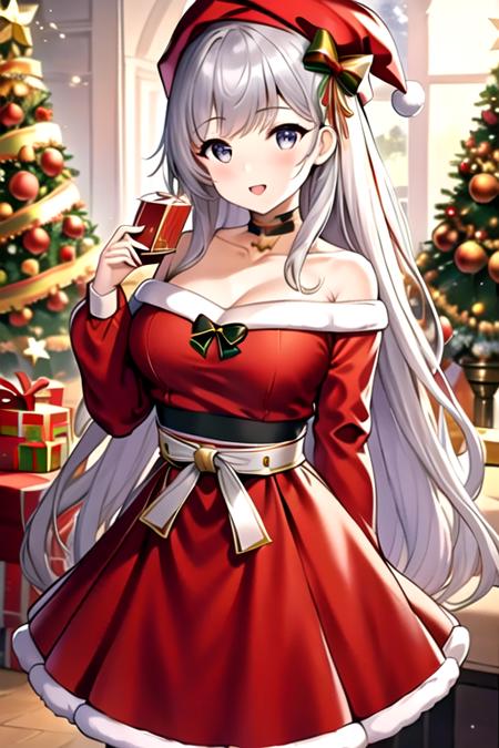 (masterpiece:1.2), best quality, masterpiece, highres, original,perfect light, 4k,8k,1girl, aran sweater, bangs, belfast \(azur lane\), black skirt, blush, box, breasts, brown sweater, choker, christmas, christmas ornaments, christmas tree, cleavage, collarbone, gift, gift bag, gift box, hat, heart-shaped box, holding, holding box, holding gift, holly, incoming gift, long hair, looking at viewer, off-shoulder sweater, off shoulder, open mouth, pocky, red headwear, santa hat, silver hair, skirt, smile, solo, sweater, very long hair, <lora:christmas:0.7>