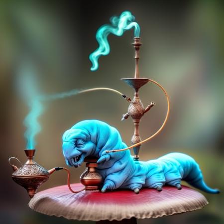 blue Cater01 with legs, solo, red hair, medium dark skin, on a mushroom, smoking a hookah