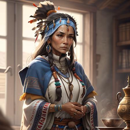 a shaman woman, highly detailed, sharp focus, masterpiece, 8k, Pierre Joubert   <lora:Pierre_Joubert_v1-000026:0.9>