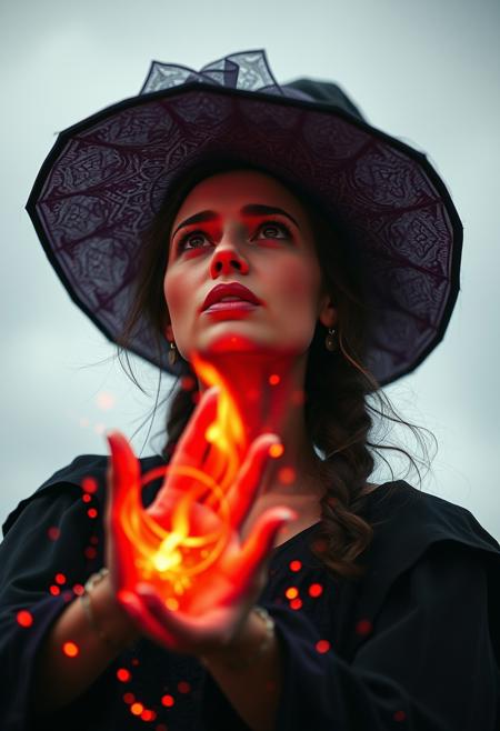 A cinematic 3/4 shot of a female, nice witch, powerful spells and mandela patterns and sparks and flames emerging from her hand, layered red and purple lines. Looking at viewer. She is flying in the air and looking up at the sky, enjoying her power. Use subtle red starburst and bokeh elements, with enhanced volumetric lighting to create a vibrant, high-contrast scene. Ensure the image maintains a surreal, emotionally impactful atmosphere in 8k resolution with intricate skin texturing. Angry. Ultrarealistic. absurdres.