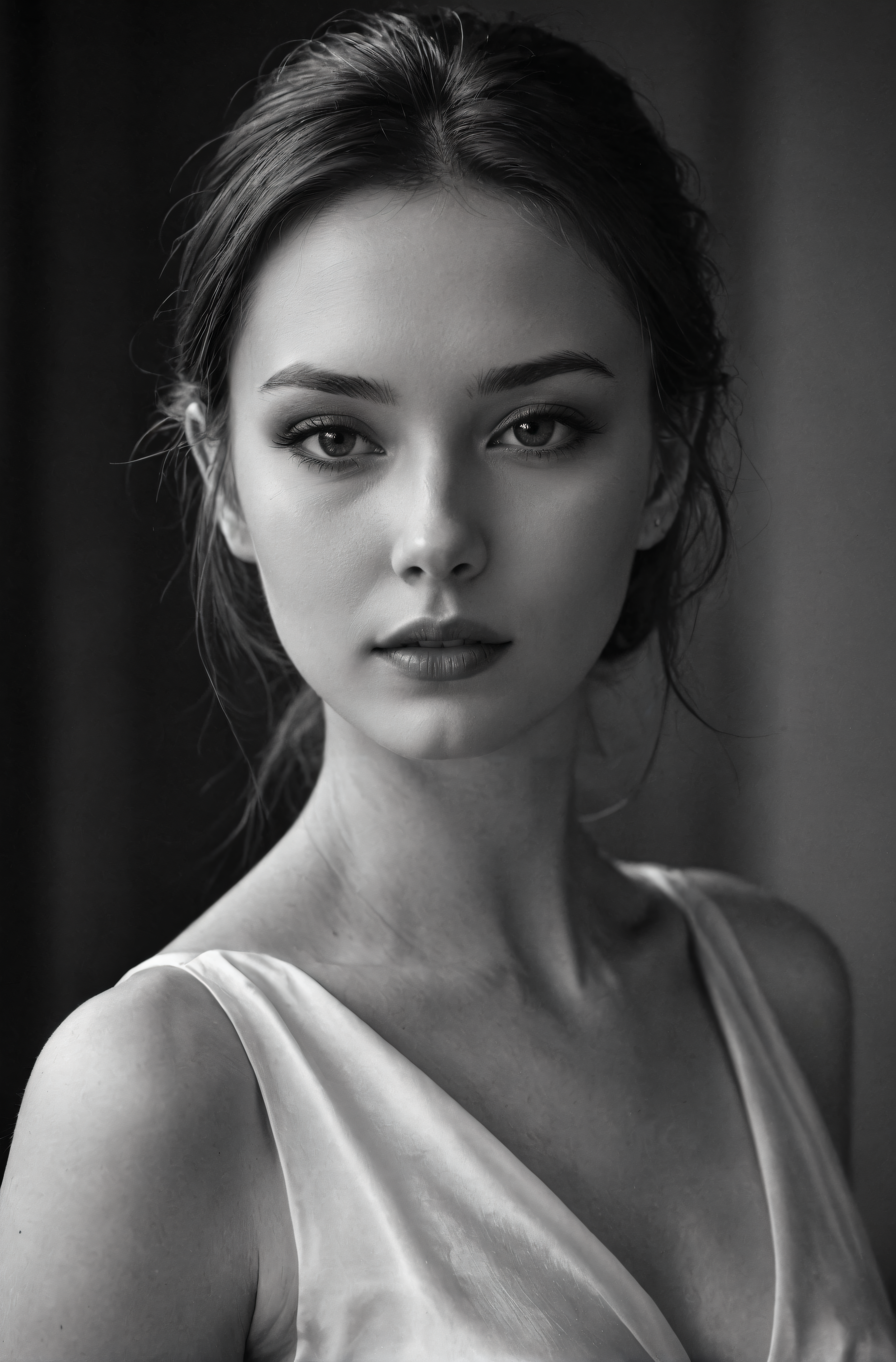 1girl, beautiful, smooth skin, greyscale, noir, white silk dress, portrait, close-up