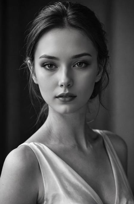 1girl, beautiful, smooth skin, greyscale, noir, white silk dress, portrait, close-up