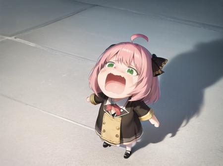 <lyco:Chopper-08:0.7> Choppermeme, 1girl, solo, bangs, dress, school uniform, green eyes, pink hair, ahoge, shoes, black footwear, black dress, shadow, parody, looking up, child, meme, female child, eden academy school uniform