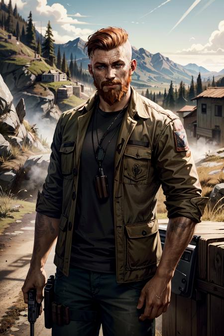 ((masterpiece, best quality))
<lora:add_detail:0.8>
 <lora:FarCry5Jacob:0.8>
FarCry5Jacob, 1boy, solo, short hair, orange hair, beard, rural area