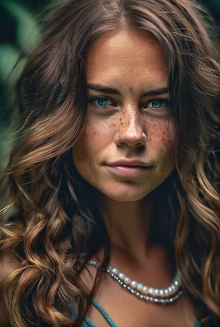 <lora:celeste_xl_lora-000037:1> celestebonin beautiful woman Realistic close up 8K portrait: A young Smiling Freckles brunette, green eyes, wind-blown long hair, pearl necklace; dramatic lighting, cinematic colors; hyper-above  hi detail, sharp focus, perfect lighting, awesome, dslr, 4k high quality. extra detail, extra sharp, magical, perfect moment, natural skin, pores