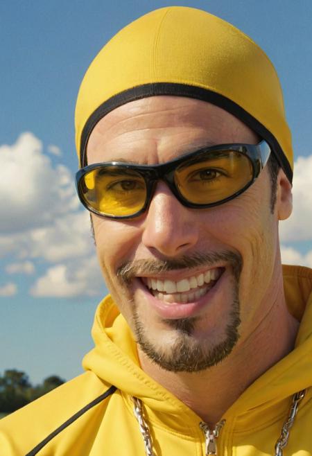 picture of a man EPAliGXL wearing an yellow tracksuit and a do-rag, sunglasses, on a soccer field, upperbody portrait, smile, sun, sky, clouds