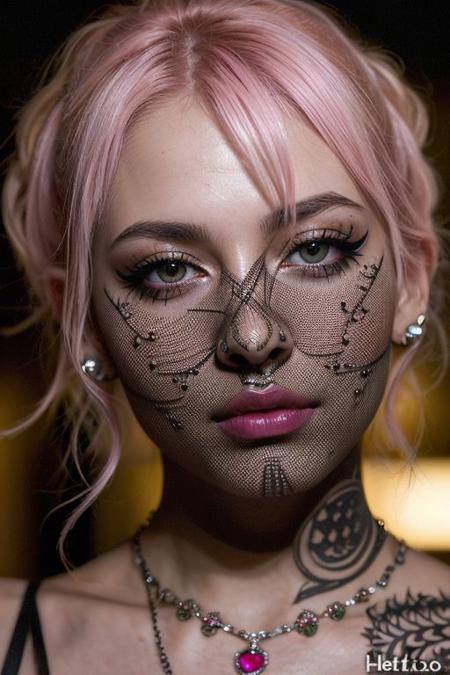 (a cute girl, 22 years old, pale skin ,  pink hair ,skinny:1.1),(big boobs , small nipples, Colombian hipster girl, edgy vibe, dark, mascara, eyeliner, dark cheeks, expressive lips, Unique facial piercings, alluring necklace, stylish sexy streetwear, alluring thighs, aesthetic tattoos on her body, almond shaped eyes, Dimples, strong eyeliner eyes ,Defined jawline, skin pores )(best quality, high quality, photograph, hyperrealism, masterpiece, 8k:1.3), mestizo, burly, white shaggy hair, dark skin, smile, (low-key lighting, dramatic shadows and subtle highlights:1.1),(((in the middle of the photoshograph studio))) adding mystery and sensuality, trending on trending on artsy, concept art, (shot by helmut newton:1.1), rule of thirds, black and white, modern ,epiCRealism, epiCNegative