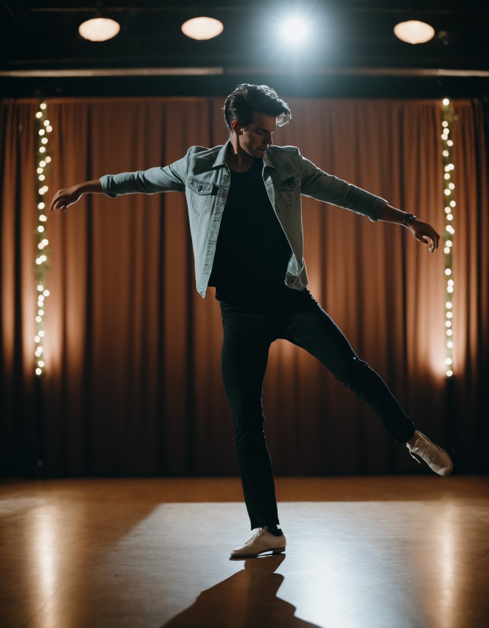 cinematic photo full height frontal shot of a man dancing . 35mm photograph, film, bokeh, professional, 4k, highly detailed