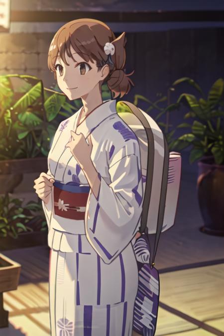 best quality, masterpiece, highres, solo, {yukata:1.40}, {kimono:1.20}, {hagozaki_riko_yagatekimininaru:1.15}, brown_hair, brown_eyes, short_hair, smile