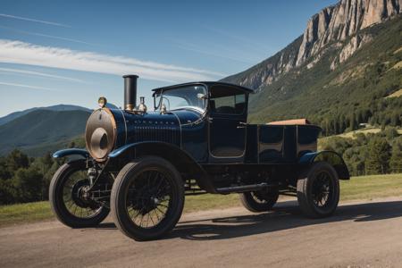 steam powered sportscar, huge vertical exhaust, boiler, coal trailer ,elegant, sleek, matte, mountainouse background, blue sky, half side view,  highly detailed car, rims, golden ratio,   highest quality, HDR, photorealistic, insane quality, best quality, extremely detailed, highest detail, highly detailed, incredibly detailed, detailed, realistic, (alternate universe:1.1),8k uhd, high quality,  <lora:add_detail:0.4> <lora:more_details:0.4>