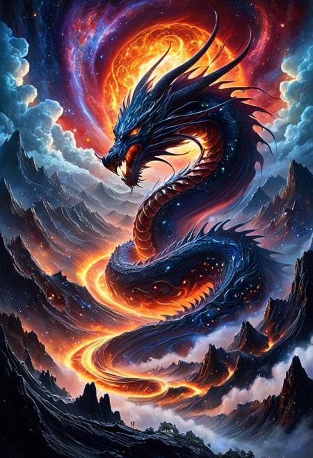DonMX3n0XL, 
(Qiongqi) / (Zhu Long)  :
**Chinese mythical ink painting style, grand scale, majestic brushstrokes, vibrant yet ancient color palette**, dynamic composition, expansive landscape. A **colossal, winged Qiongqi** with **shattered mountain peaks on its back**, or a **serpentine Zhu Long** **coiled around celestial bodies**, dominates the **vast, swirling cosmic chaos**. **Celestial light** from the **dragon's eyes (Zhu Long)** or **fiery energy (Qiongqi)** **winds powerfully through the nebula**, **illuminating abstract, dissolving cosmic dust** and **distant, winding star paths**. The **unfathomable power** of the beast is both **terrifying and awe-inspiring**. Very aesthetic, beautiful and grotesque.