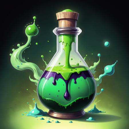 concept art (Ultrarealistic:1.3) <lora:FFusionXL-SDXL-Potion-Art-Engine-LyCORIS-LoKR-v1:1> a green flask with liquid inside, beautiful green liquid, full of greenish liquid, painting of one health potion, potion, hyper realistic poison bottle, health potion, potion of healing, toxic slime, green slime dripping, character is covered in liquid, slimy fluid liquid blobs, gelatinous green goop, magic potions, making a potion . digital artwork, illustrative, painterly, matte painting, highly detailed