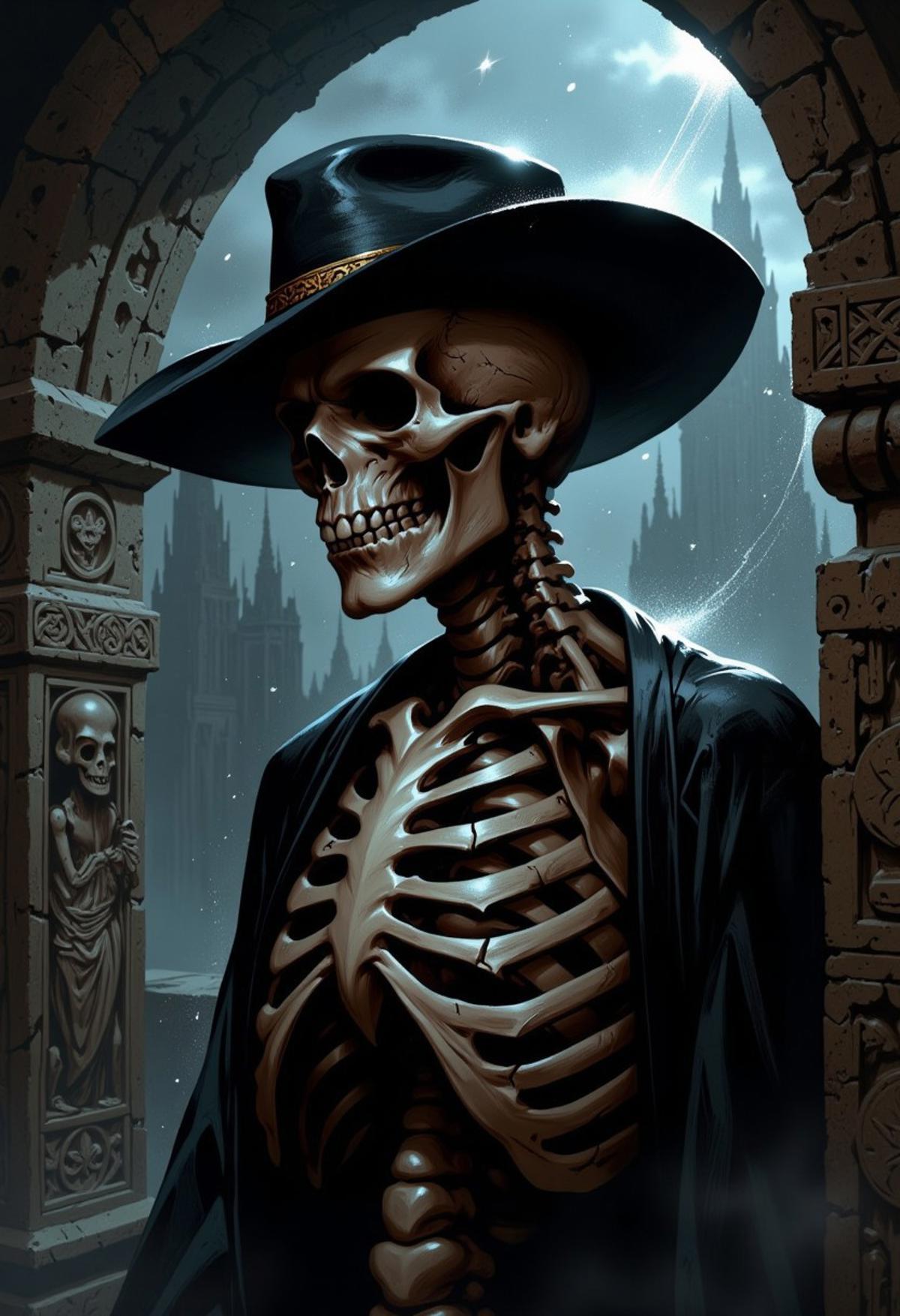 MythP0rt, A human skeleton wearing a black cowboy hat.