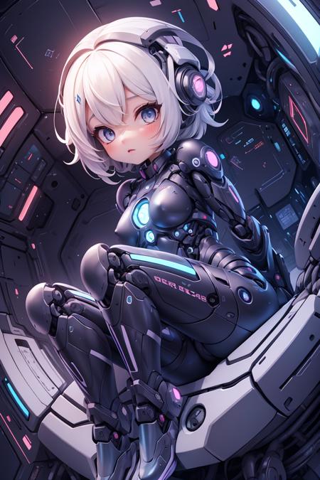 official art,unity 8k wallpaper,ultra detailed,beautiful and aesthetic,beautiful,masterpiece,best quality,(zentangle, mandala, tangle, entangle),close-up girl,chibi,skin tight white bodysuit,blonde short hair,eyes blue,small breasts,chrome robotic parts,luxurious cyberpunk,robot,clean luxury spacecraft,science fiction,stasis pod,fetal position,<lora:translucentSkin_v10:1>,<lora:Unholy:0.5>,