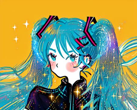 gooddaygirl, 1girl, hatsune miku, sparkle, portrait, simple background,