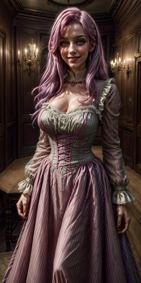(best quality), (masterpiece), 1girl, green eyes, pink/purple hair, cinematic lighting, realistic, highly detailed face, inside Victorian mansion, British, wearing see trough dress, inviting, smiling, hair let down, hand extended to the viewer, pov, <lora:more_details:0.8>, <lora:more_details:0.8>, <lora:see_trough_dress06:0.4>,