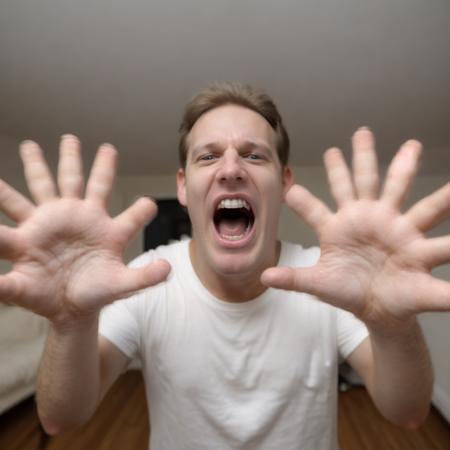 an white man screaming, showing his hands to the camera, pov hands <lora:finger_count_v10:7>, in a room