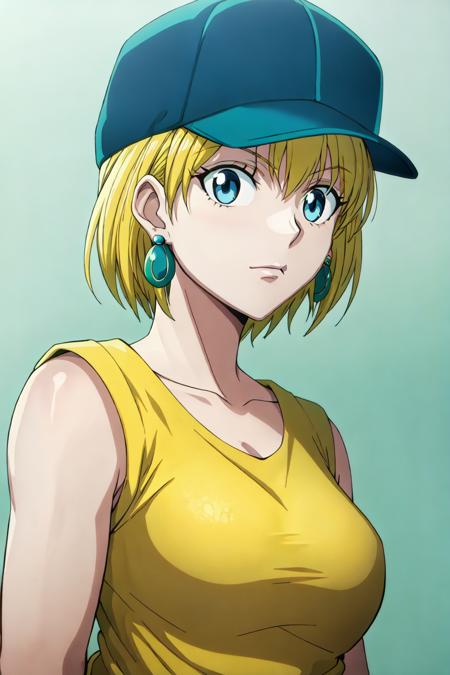 (masterpiece, best quality), 1girl, aqua eyes, baseball cap, blonde hair, closed mouth, earrings, green background, hat, hoop earrings, jewelry, looking at viewer, shirt, short hair, simple background, solo, upper body, yellow shirt, hxh2011 <lora:hxh2011:0.58>,