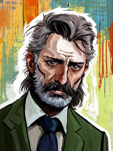 (A_Rostov_Style:0.8) <lora:DE_Alexander_Rostov-06:0.9>, illustration, portrait, drunken man, puffy eyes, green jacket, white shirt, colored tie, beard, mustache, sideburns, dark hair, angry and drunken ,  flirty dynamic pose, rough brush strokes, soothing tones, calm colors, art by greg rutkowski and artgerm, (intricate details:1.12), hdr, (intricate details, hyperdetailed:1.15)