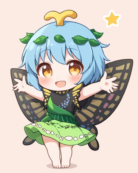 eternity larva,multicolored_dress, antennae, leaf_on_head, butterfly_wings, open_mouth, green_dress, smile, fairy, barefoot, blush, full_body, blush_stickers, solo_focus, 1girl, chibi, short_sleeves, outstretched_arms, 2girls
<lora:eternity_larva_image1690_2023-12-20:1>,star-shaped_pupils,symbol-shaped_pupils,. gorgeous,key visual, vibrant, studio anime,award-winning, professional, highly detailed,high budget, cinemascope