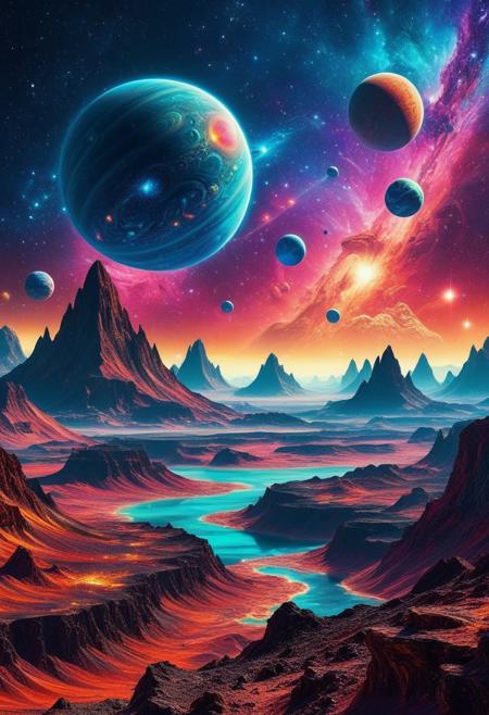 So reminiscent. A forgotten flavour, cosmic landscape, surreal space art, vibrant colors, alien terrains, distant planets, nebulae, futuristic technology, starry skies, atmospheric effects, science fiction aesthetics