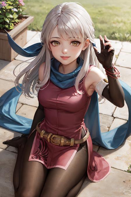 (masterpiece, best quality:1.2), <lora:fireemblem_micaiah-10:1>, from above, solo, 1girl, micaiah \(fire emblem\), smile, looking at viewer, wariza, hair ribbon, sleeveless dress, pantyhose, elbow gloves, fingerless gloves, jewelry, bracelet, scarf, belt