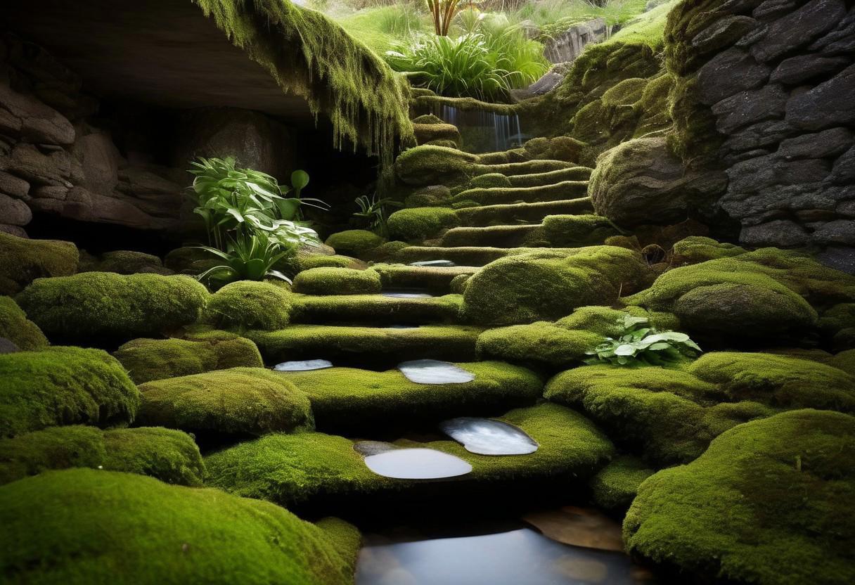 Stairs leading to trap door with crystal pool underground, moss, rocks, spa, flora, soft, nature, dark stone, steam, soft lighting, water falling on orbs