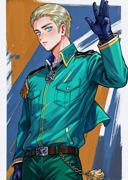 Ludwig blue eyes military uniform, green jacket, broach, belt, black gloves, green pants