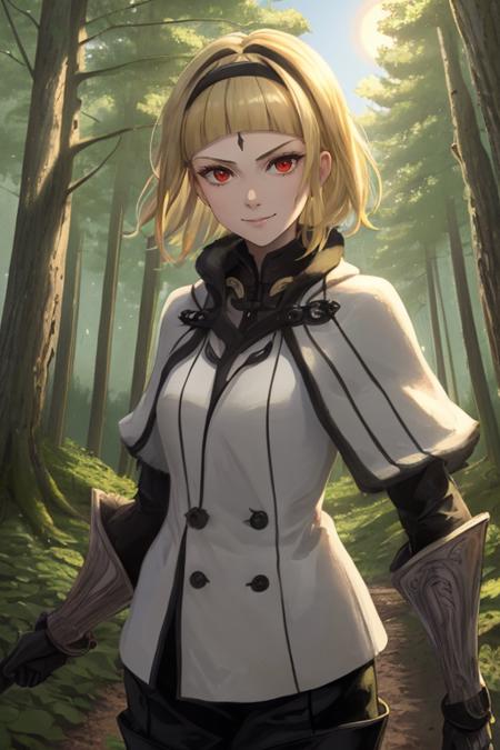 masterpiece, best quality,    <lora:OneDrakenGardV1-000080:1>, One, 1girl, blonde hair, red eyes, short hair, looking at viewer, smirk, standing, forest, trees, sun, sky,