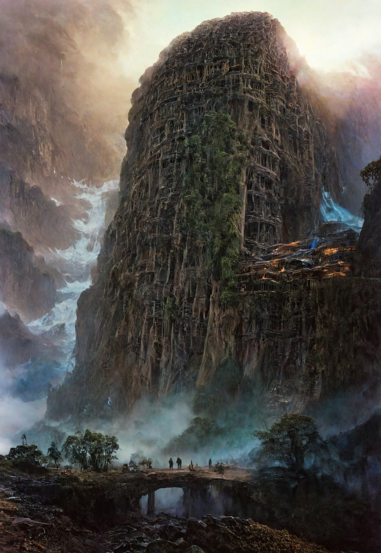 Visualize a futuristic mountain, symbolizing online community in the style of incorporate elements that evoke a sense of building with a large spaceship complex, elegant, expansive, fantastical, film photography style, heavy grain, alien trees, mists, waterfalls, gravity weirdness, strange physics, strange world, alien world, psychedelic, digital artwork by Beksinski, <lora:aidma-Image Upgrader-v0.1:1>, futuresurban, ((32k resolution, extemely detailed, best quality, sharp details:1.4))