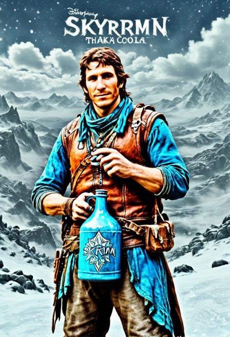 h1ppyCE style, hippy, skyrim, game poster, written "The Elder Scrolls V: Skyrim", portrait of todd howard, holding blue bottle, written "Nuka Cola", wearing hippy clothes, winter, northan mountains, <lora:Hippy01.1_CE_SDXL_64x32x180x2bOT:0.7>