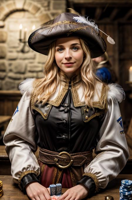Professional photograph of GA1,<lora:GemmAtkins20byMal:0.9>, 36yo. blonde, she's very fit, she's a a reinassance musketeer, (dressed like a musketeer, jacket, silk pants, hat with a feather), she's in a reinassance tavern, drinking tavern, there's people playing cards in the background, 1800s France, she's posing and grinning, facing the viewer, 4k, bokeh, 8k, absurdres, masterpiece, highest quality, award winning shot, ray-tracing  <lora:ARWAMusketeerDress:0.8>  <lora:add_detail:1>