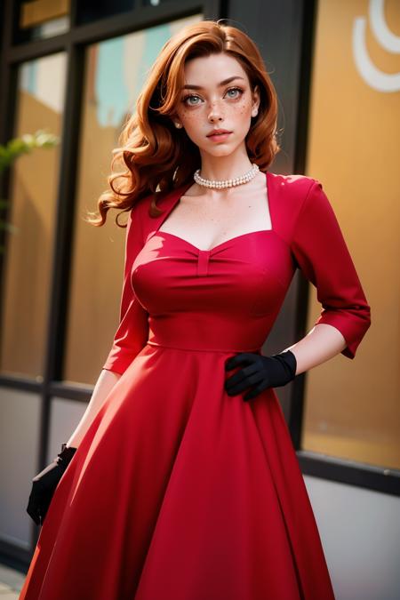 sw33th3artn3ck, dress, standing, black gloves, pearl necklace, red dress, skirt hold,