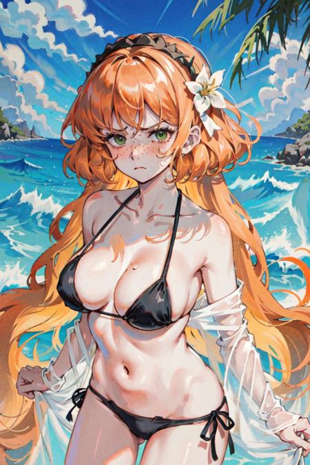 (masterpiece, best quality), illustration, <lora:ishmaellimbus-000030:1>, ishmael_limbus, black bikini, 1girl, medium breasts, white flower, water, looking at viewer, sky, clouds, (see-through sarong), alternate costume, short breasts, ((frown, angry)), (close-up)