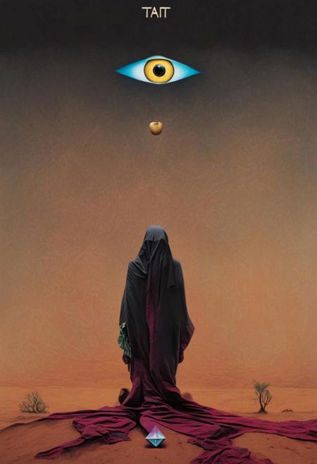 Tarot card design for the magician card with Robert Anton Wilson as the magician, in the desert with a pyramid in the background with an eye looking at the magician, mandala, golden Apple, dark vaporwave color palette, Perfect Hands, 3l3ctronics