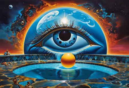 surreal illustration, Dali, masonic secrets, cosmic pool, eclipse, masterpiece, detailed, dramatic lighting, intricate details, high resolution, portrait, trending on artstation, ((surrealism, Salvador Dali, cosmic, pool, eclipse, mysterious, detailed texture, vibrant colors, haunting, otherworldly, surrealist art, (dark, mysterious, intricate composition)), oil painting, detailed brush strokes)