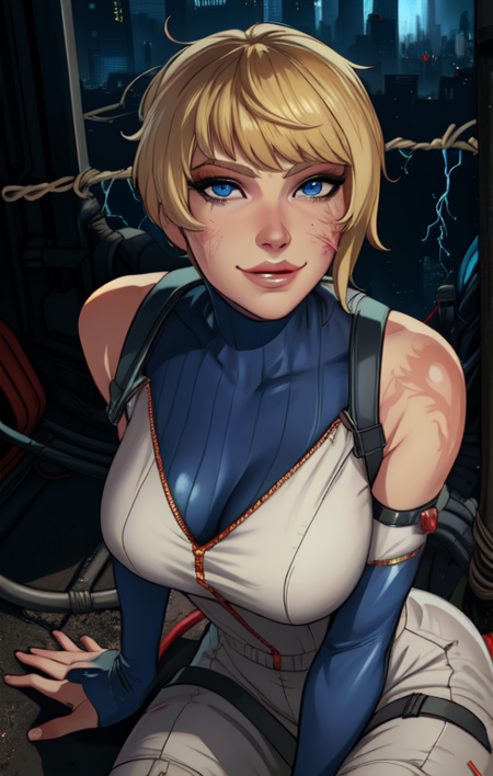 wattson,  blue eyes,  scar on left cheek,  blonde hair, 
 looking at viewer,  smile, 
turtleneck,  white Jumpsuit, 
facing viewer,   sitting,  
cyberpunk, electricity,  electric fence, 
(insanely detailed, beautiful detailed face,beautiful detailed eyes, masterpiece, best quality),
 <lora:wattson:0.8>