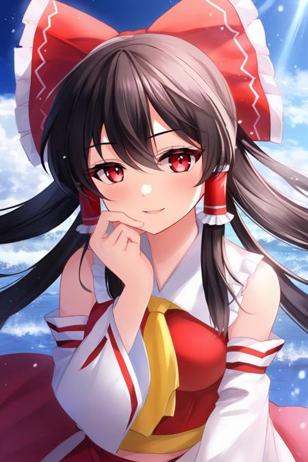 (masterpiece, best quality, highres, anime art style, pixiv), (1girl, solo, hakurei reimu, close-up, pov, blush),  <lora:hakurei_reimu_xl-000050:0.7>