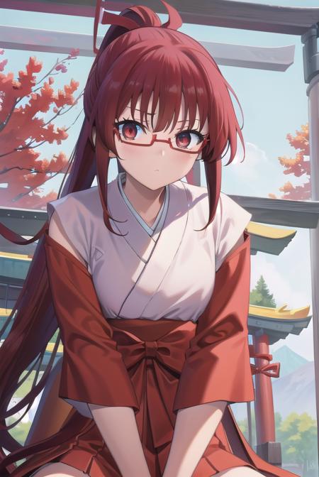 tomoekarijuku, <lora:tomoekarijukutest:1>, tomoe karijuku, long hair, (red eyes:1.1), ponytail, red hair, glasses, semi-rimless eyewear, red-framed eyewear,
BREAK skirt, japanese clothes, hakama, hakama skirt, miko, red hakama,
BREAK looking at viewer,
BREAK outdoors, shrine,
BREAK <lora:GoodHands-vanilla:1>, (masterpiece:1.2), best quality, high resolution, unity 8k wallpaper, (illustration:0.8), (beautiful detailed eyes:1.6), extremely detailed face, perfect lighting, extremely detailed CG, (perfect hands, perfect anatomy),