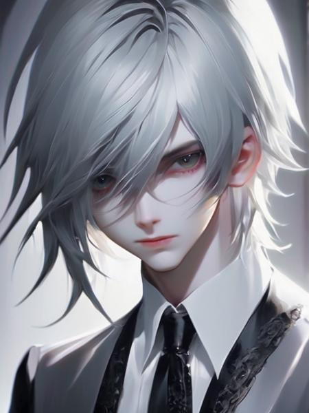 gothic, cute boy, silver long hair. bangs.
beautiful face. beautiful hair.
white shirt.
<lora:loha_gothic_sdxl:1>