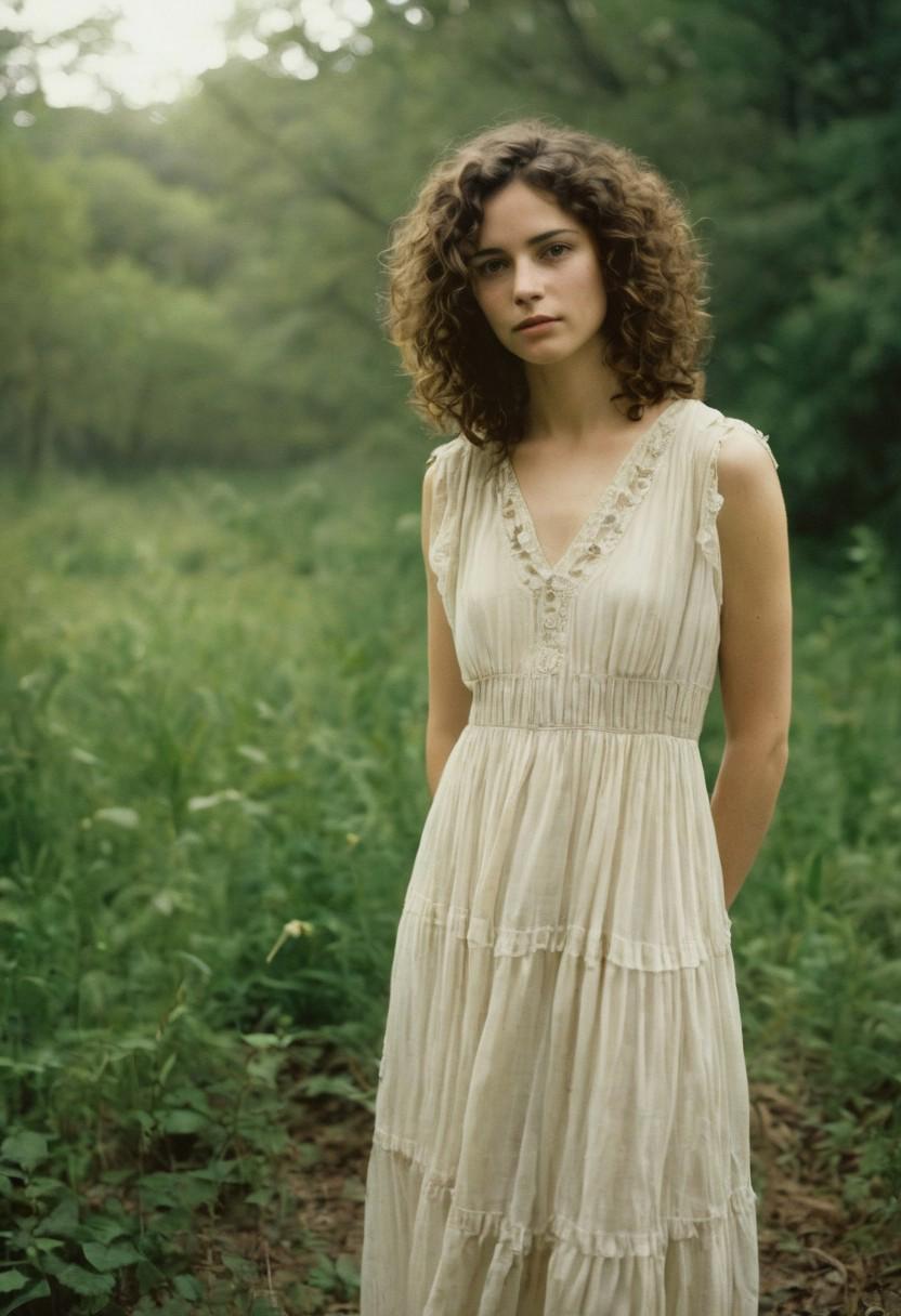 Analog photo portrait, taken with a vintage film camera, of Emily, a petite woman in her late twenties. She has curly brown hair and is wearing a flowy dress. The photo has a soft focus and warm tones, giving it a nostalgic feel. Captured by renowned photographer Sally Mann or Annie Leibovitz or Nan Goldin or Cindy Sherman.