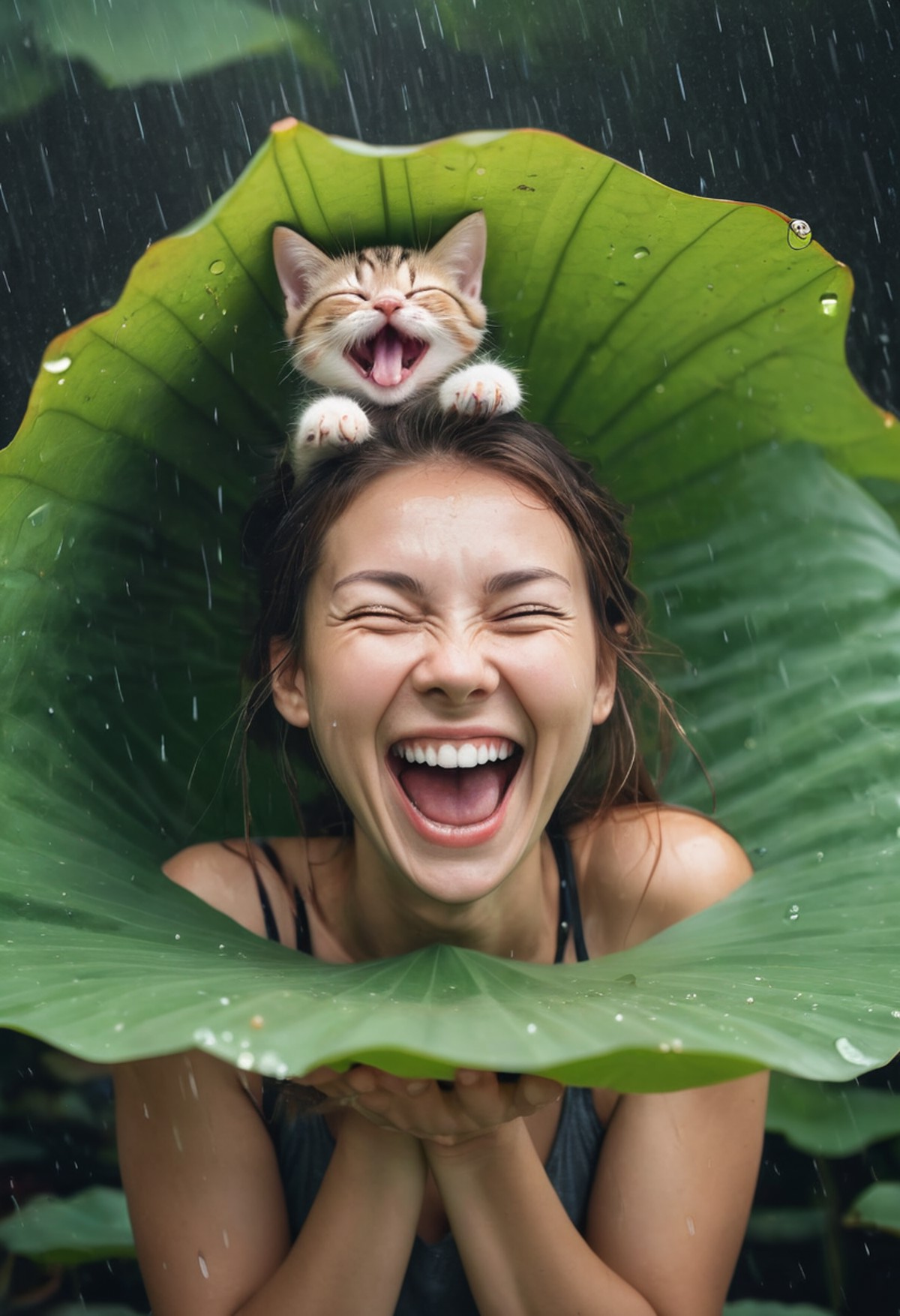 Photo of a woman laughing hysterically with a kitten on top of her head,  hiding under a big lotus leaf in the rain