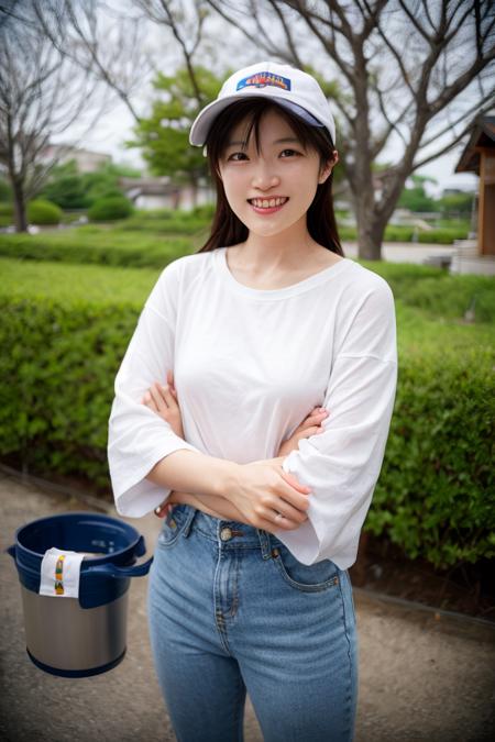 realistic photo of shiho, portrait, 
<lora:shihoMegaMixv1:1>, "Streetwear look with baggy pants and a bucket hat.", "Alluring grin subtly shaded with coyness", (SIGMA 50 mm F/1.4), "A peaceful shrine surrounded by cherry trees in full bloom, and Mt. Fuji peeping through the background.", "Bright sunflowers facing the sun in a warm summer field."