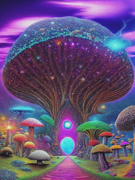 <lyco:LarryCarlson:1.0> by Larry Carlson, extreme texture intricate ultra sharp detail, Fungi and spirit DMT mushrooms enhance Vision quest begins